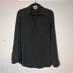 Express Portofino Slim Button Up Blouse Black Womens Size Large V-Neck